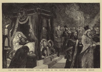 El difunto General Skobeleff yaciendo en estado en la Iglesia de Tryech Swjatitelei, Moscú de Charles J. Staniland